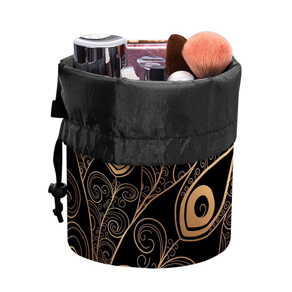 Black And Gold Peacock Feather Print Drawstring Makeup Bag