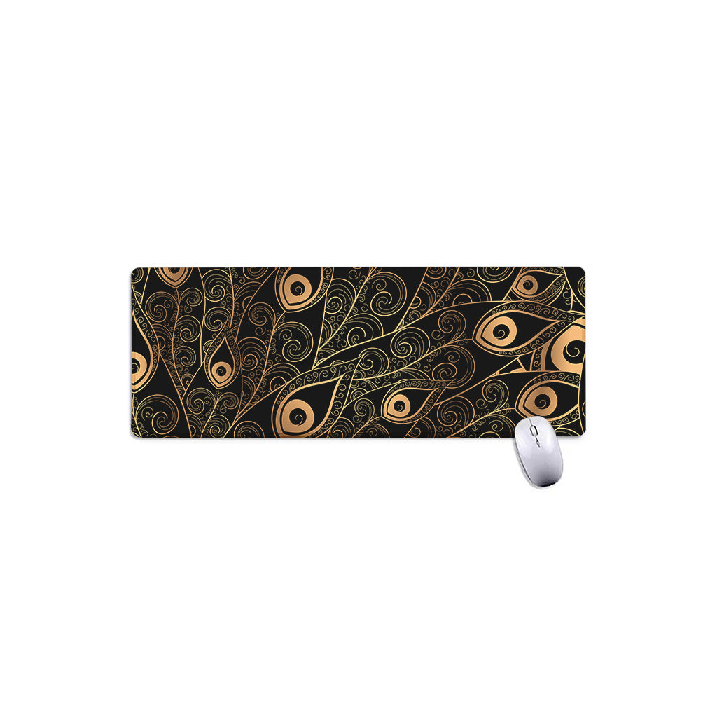 Black And Gold Peacock Feather Print Extended Mouse Pad