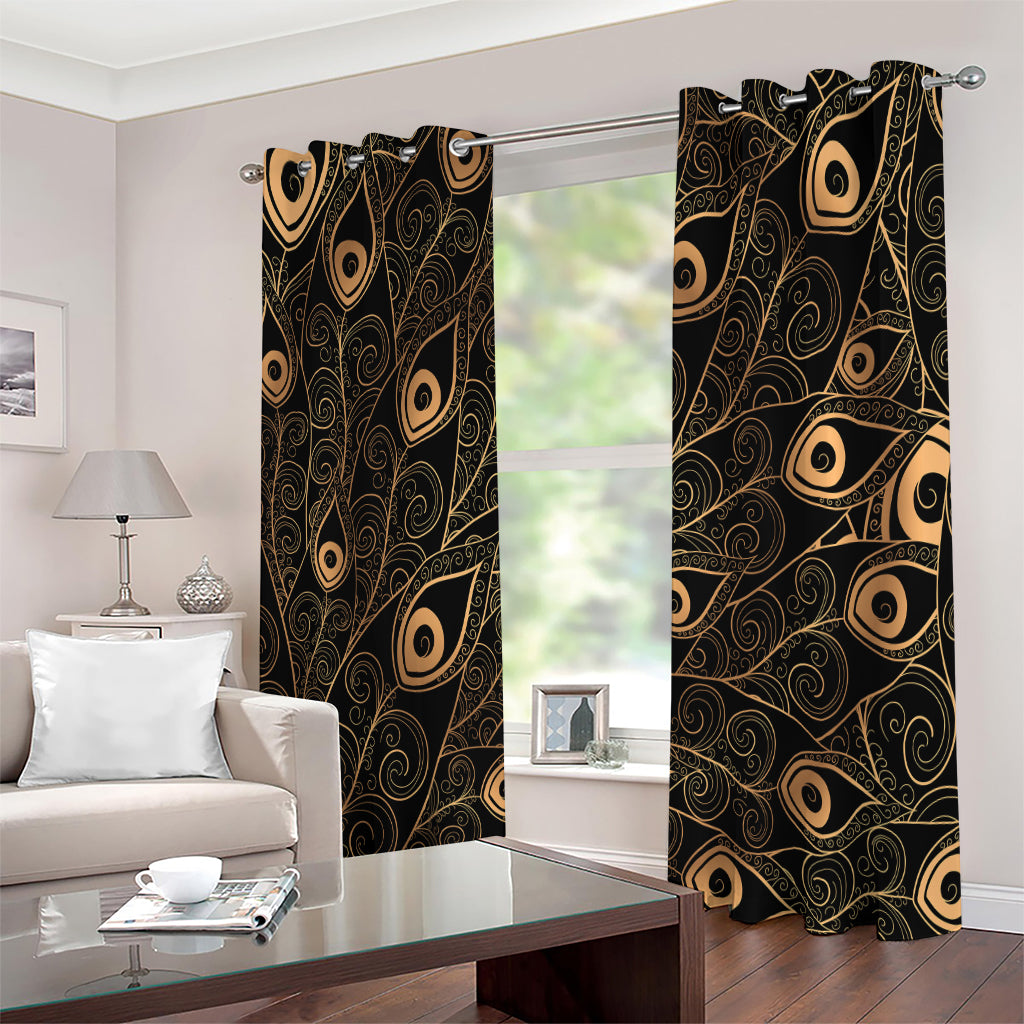 Black And Gold Peacock Feather Print Extra Wide Grommet Curtains