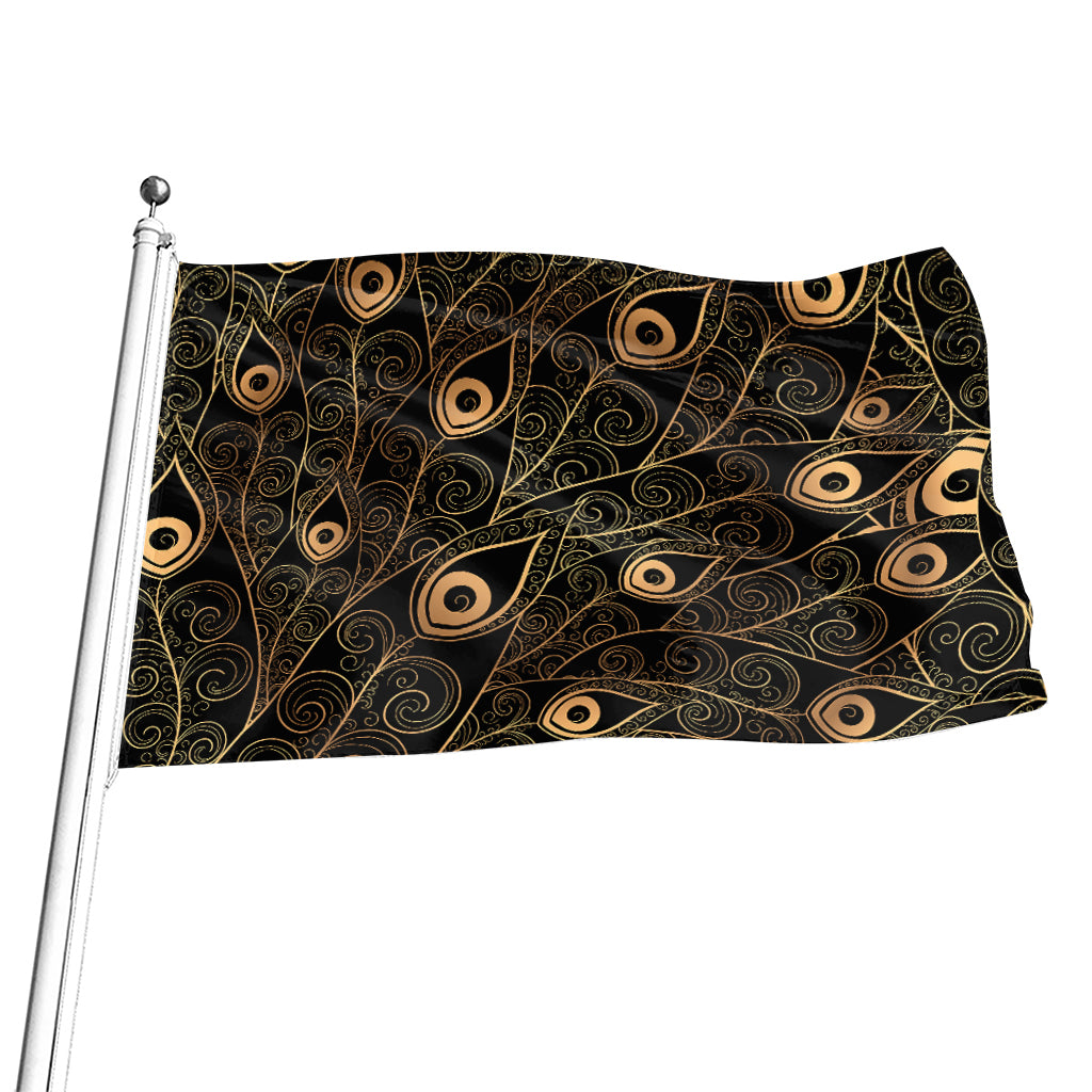 Black And Gold Peacock Feather Print Flag