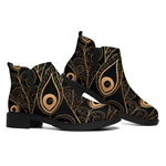 Black And Gold Peacock Feather Print Flat Ankle Boots