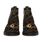 Black And Gold Peacock Feather Print Flat Ankle Boots