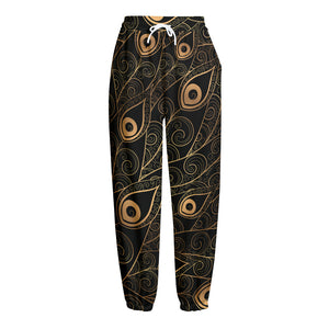 Black And Gold Peacock Feather Print Fleece Lined Knit Pants