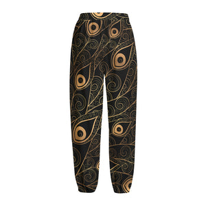 Black And Gold Peacock Feather Print Fleece Lined Knit Pants