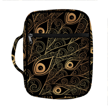 Black And Gold Peacock Feather Print Front Pocket Bible Bag