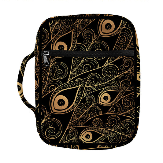 Black And Gold Peacock Feather Print Front Pocket Bible Bag