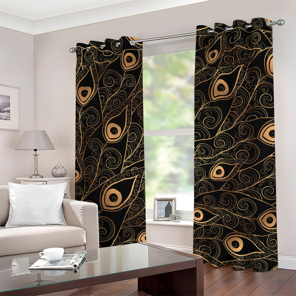 Black And Gold Peacock Feather Print Grommet Curtains