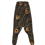 Black And Gold Peacock Feather Print Hammer Pants