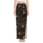 Black And Gold Peacock Feather Print High Slit Maxi Skirt