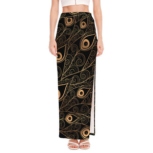 Black And Gold Peacock Feather Print High Slit Maxi Skirt