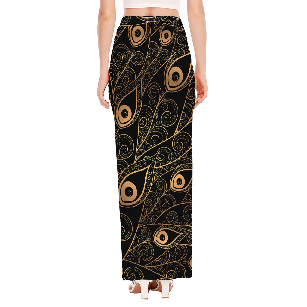 Black And Gold Peacock Feather Print High Slit Maxi Skirt