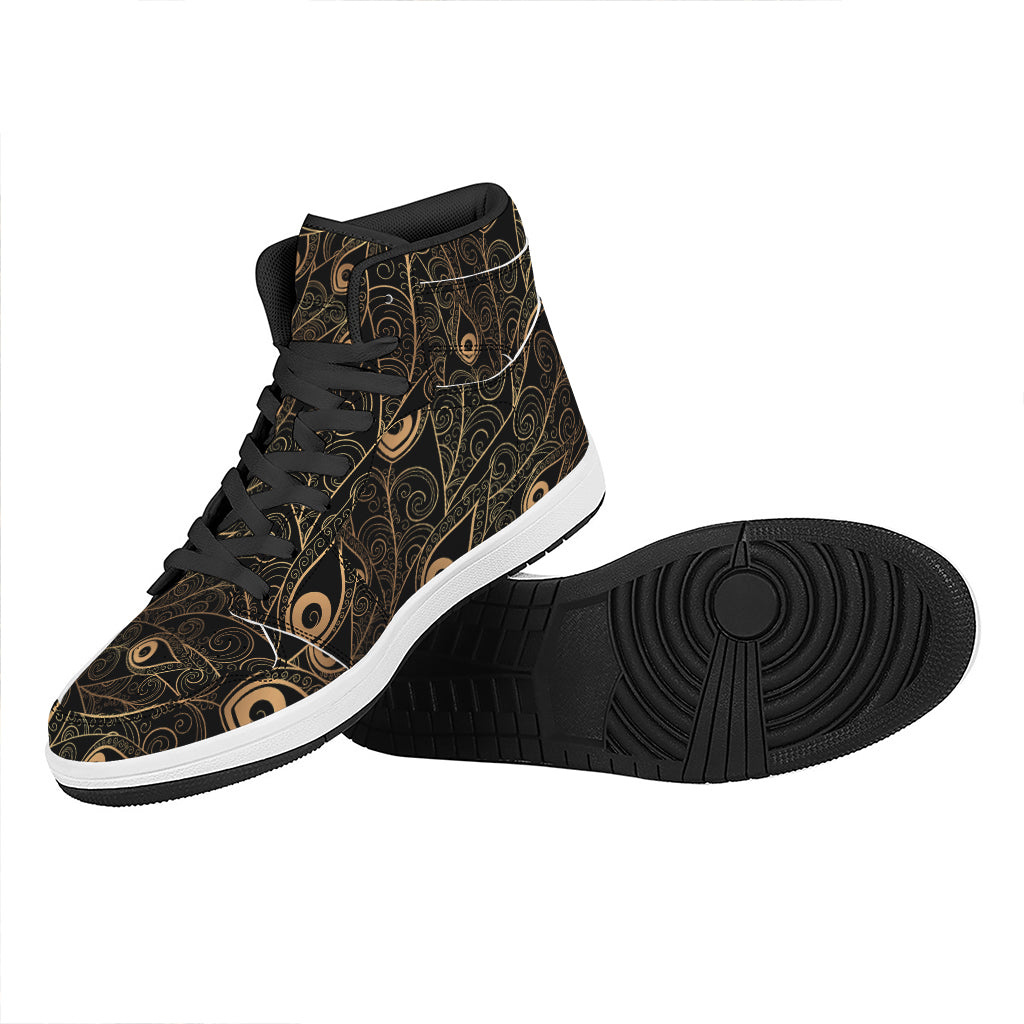 Black And Gold Peacock Feather Print High Top Leather Sneakers