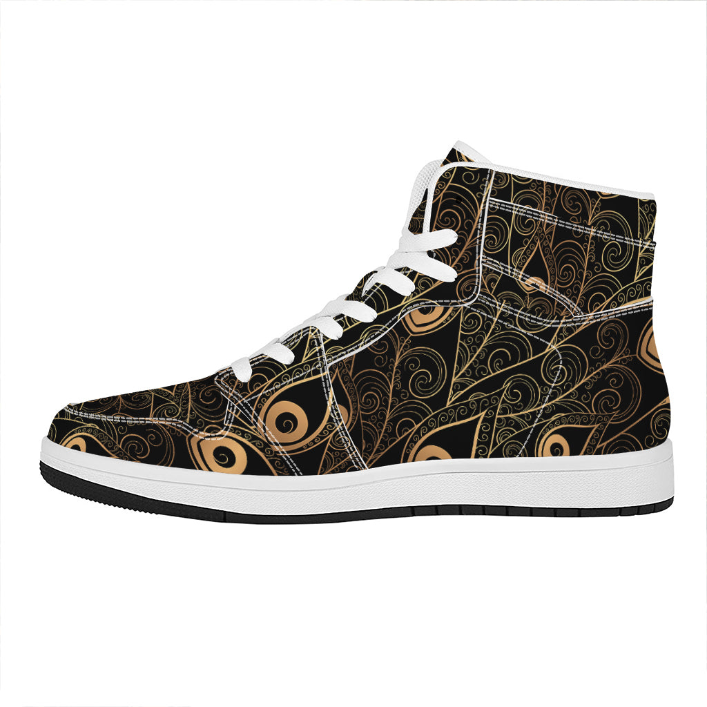 Black And Gold Peacock Feather Print High Top Leather Sneakers