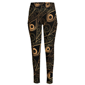 Black And Gold Peacock Feather Print High-Waisted Pocket Leggings