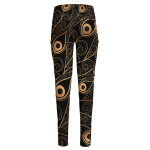 Black And Gold Peacock Feather Print High-Waisted Pocket Leggings