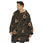 Black And Gold Peacock Feather Print Hoodie Blanket