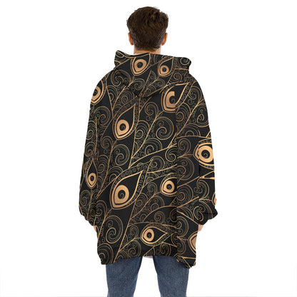 Black And Gold Peacock Feather Print Hoodie Blanket