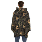 Black And Gold Peacock Feather Print Hoodie Blanket