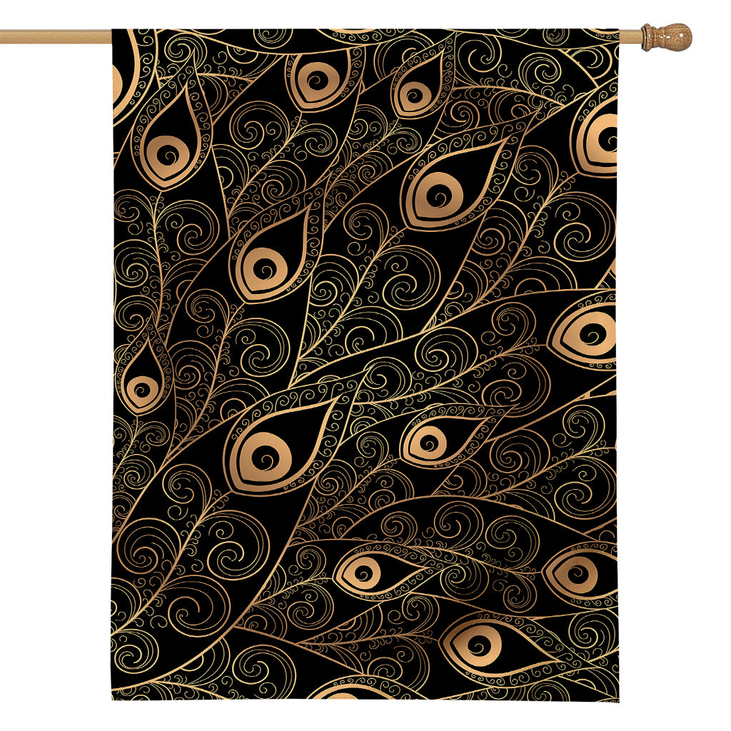 Black And Gold Peacock Feather Print House Flag