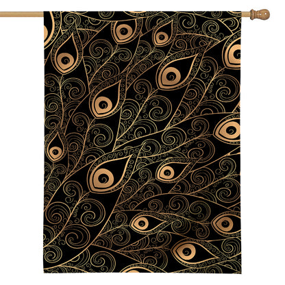 Black And Gold Peacock Feather Print House Flag
