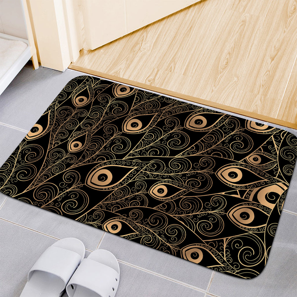 Black And Gold Peacock Feather Print Indoor Door Mat