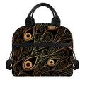 Black And Gold Peacock Feather Print Insulated Lunch Bag