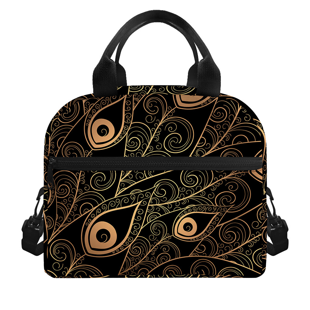 Black And Gold Peacock Feather Print Insulated Lunch Bag
