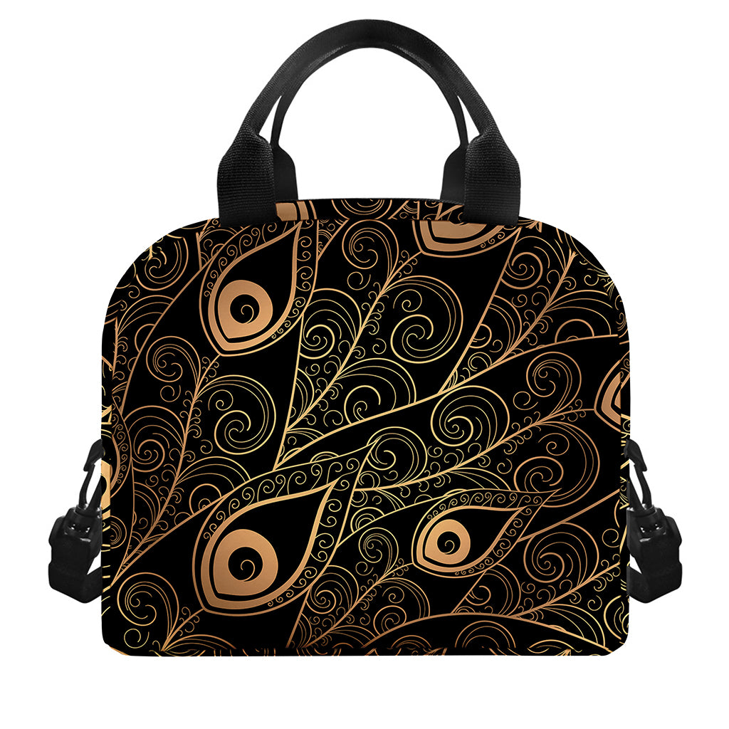 Black And Gold Peacock Feather Print Insulated Lunch Bag