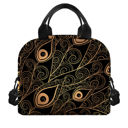 Black And Gold Peacock Feather Print Insulated Lunch Bag
