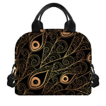 Black And Gold Peacock Feather Print Insulated Lunch Bag