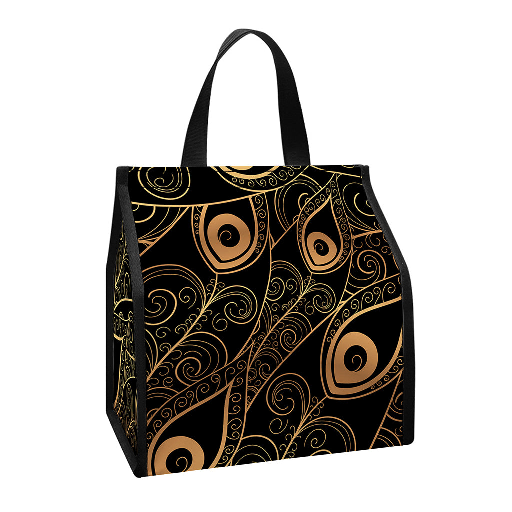 Black And Gold Peacock Feather Print Insulated Lunch Tote