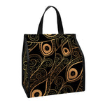 Black And Gold Peacock Feather Print Insulated Lunch Tote