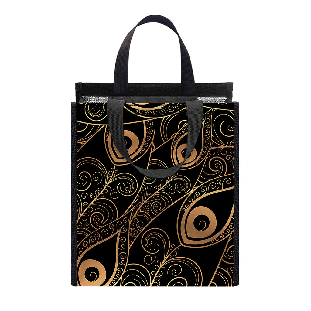 Black And Gold Peacock Feather Print Insulated Lunch Tote