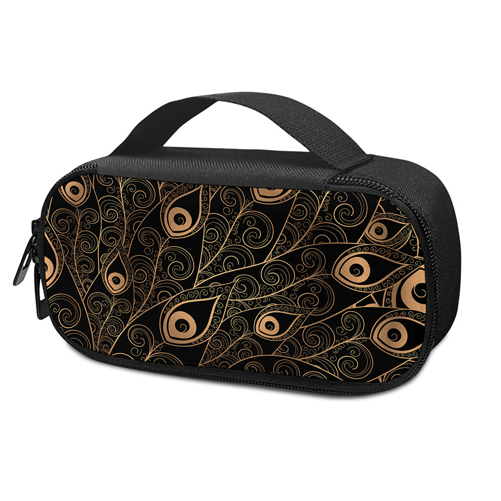 Black And Gold Peacock Feather Print Insulin Cooler Travel Case