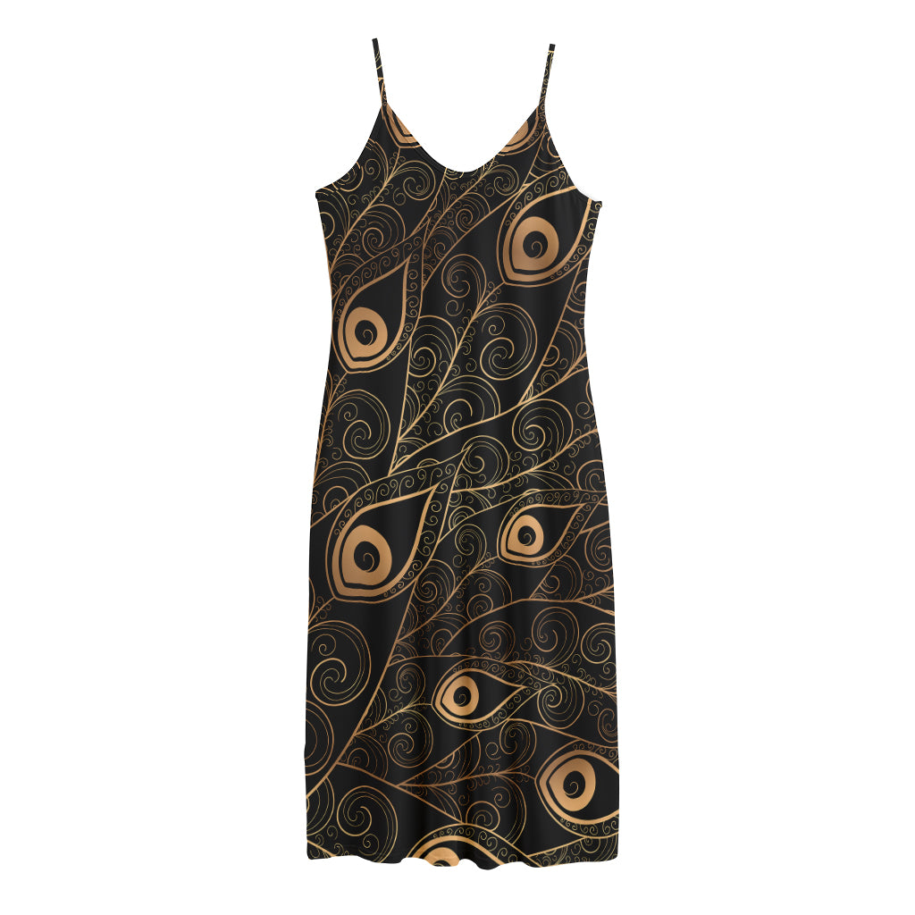 Black And Gold Peacock Feather Print Jersey Midi Cami Dress