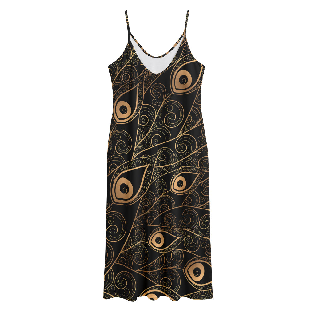 Black And Gold Peacock Feather Print Jersey Midi Cami Dress