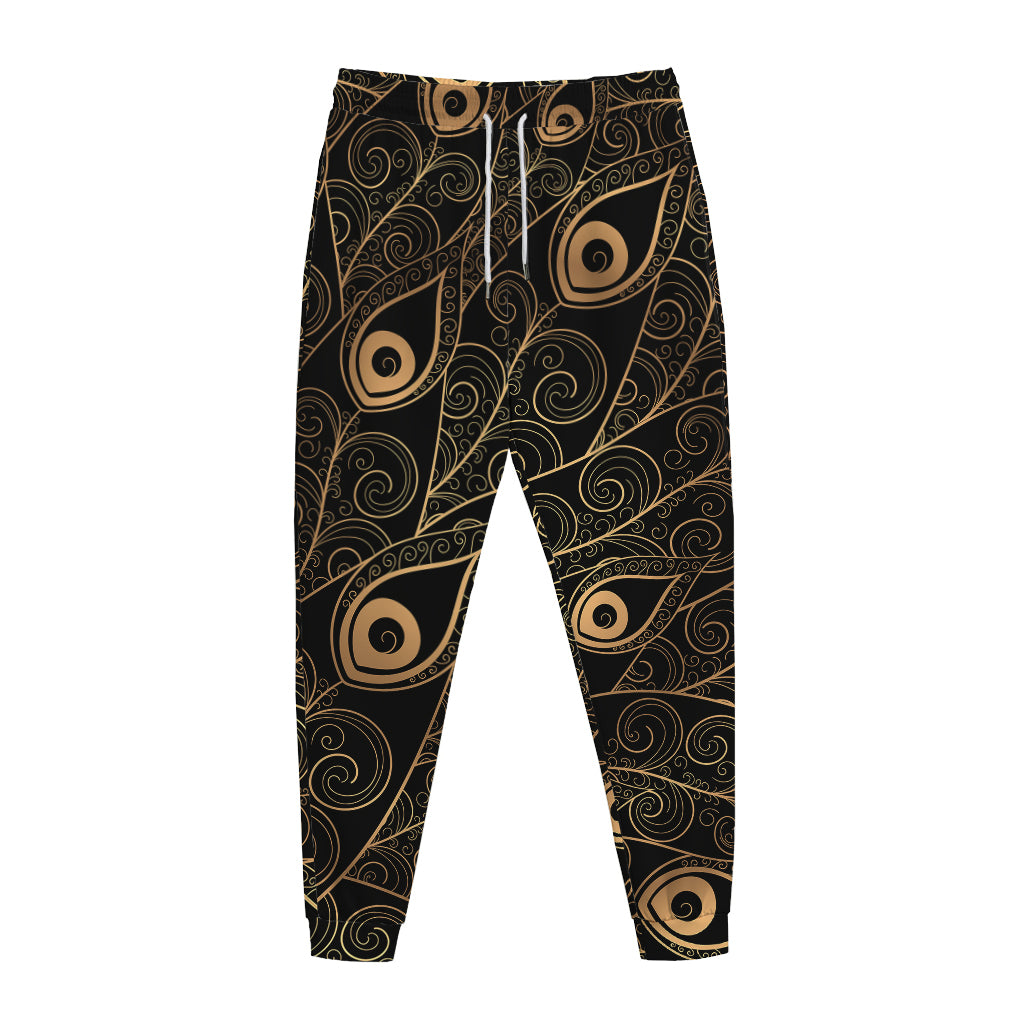 Black And Gold Peacock Feather Print Jogger Pants