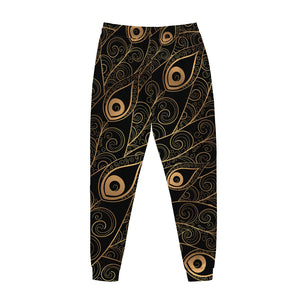 Black And Gold Peacock Feather Print Jogger Pants