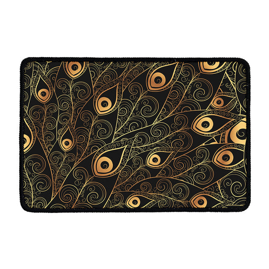 Black And Gold Peacock Feather Print Kitchen Mat