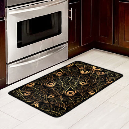 Black And Gold Peacock Feather Print Kitchen Mat