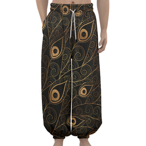 Black And Gold Peacock Feather Print Lantern Pants