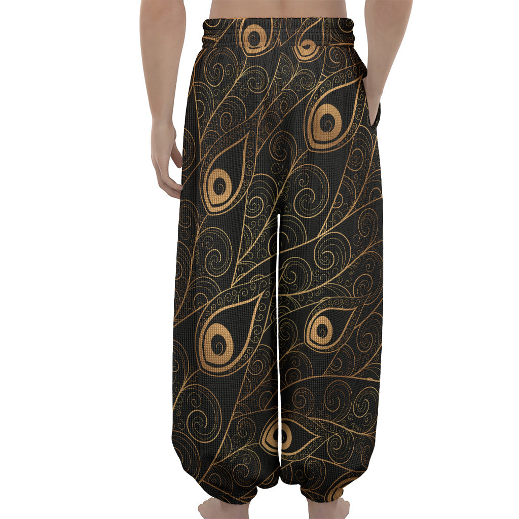 Black And Gold Peacock Feather Print Lantern Pants