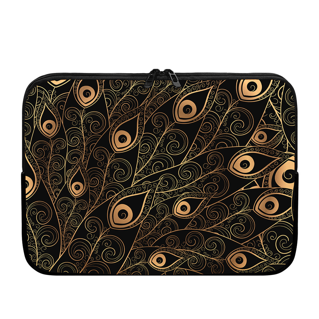 Black And Gold Peacock Feather Print Laptop Sleeve