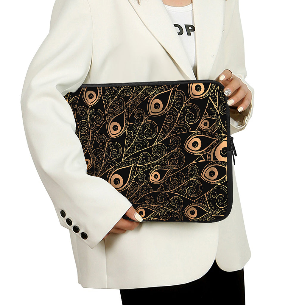 Black And Gold Peacock Feather Print Laptop Sleeve