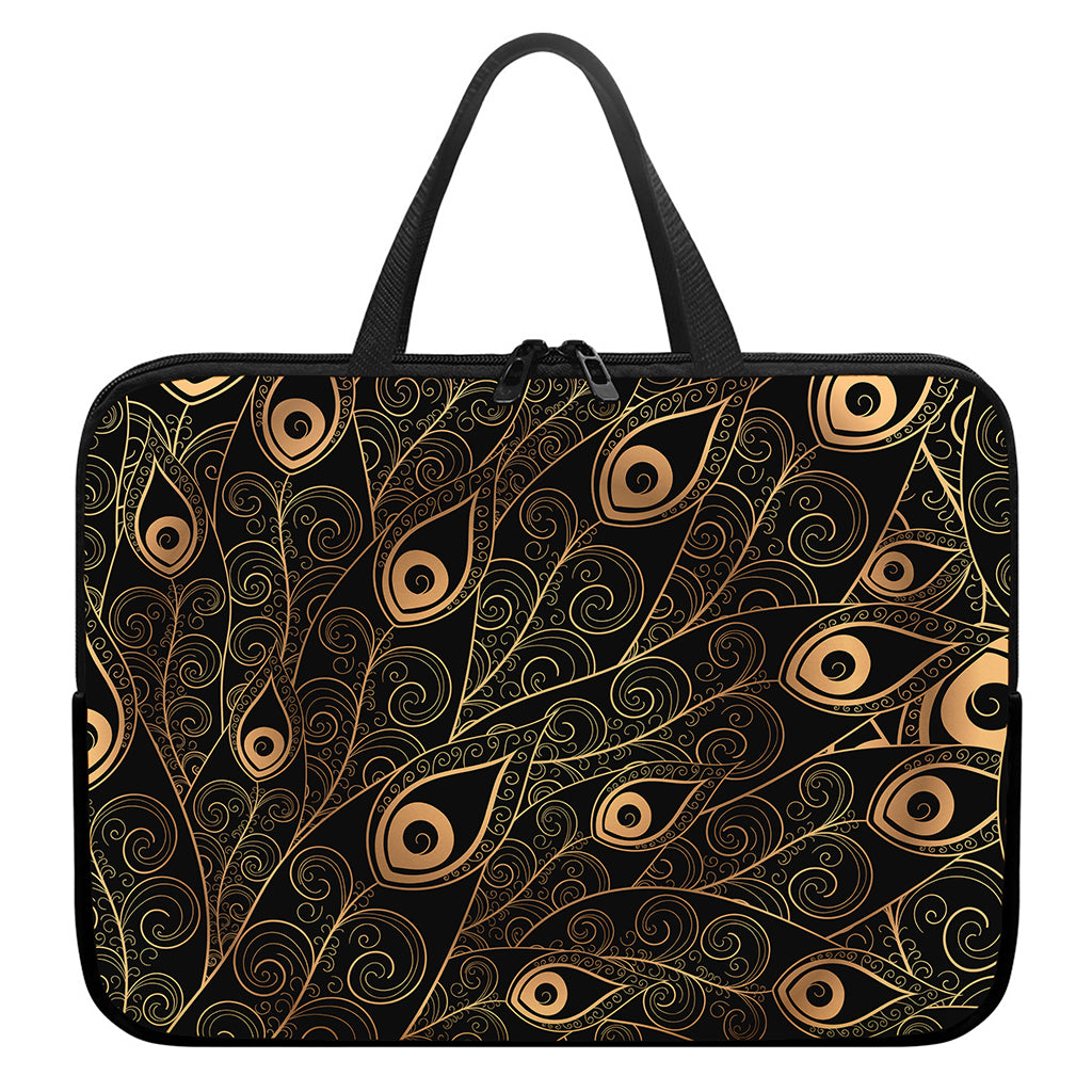Black And Gold Peacock Feather Print Laptop Sleeve With Handle