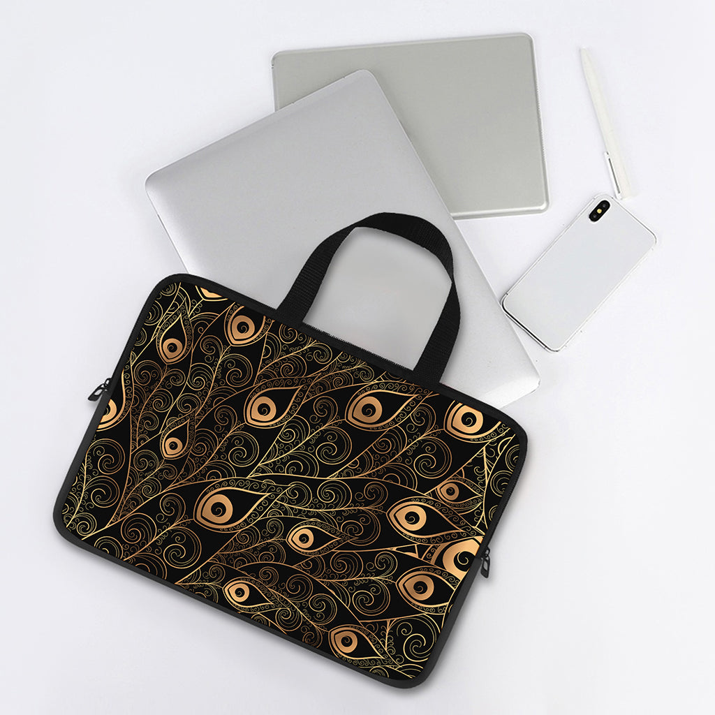 Black And Gold Peacock Feather Print Laptop Sleeve With Handle