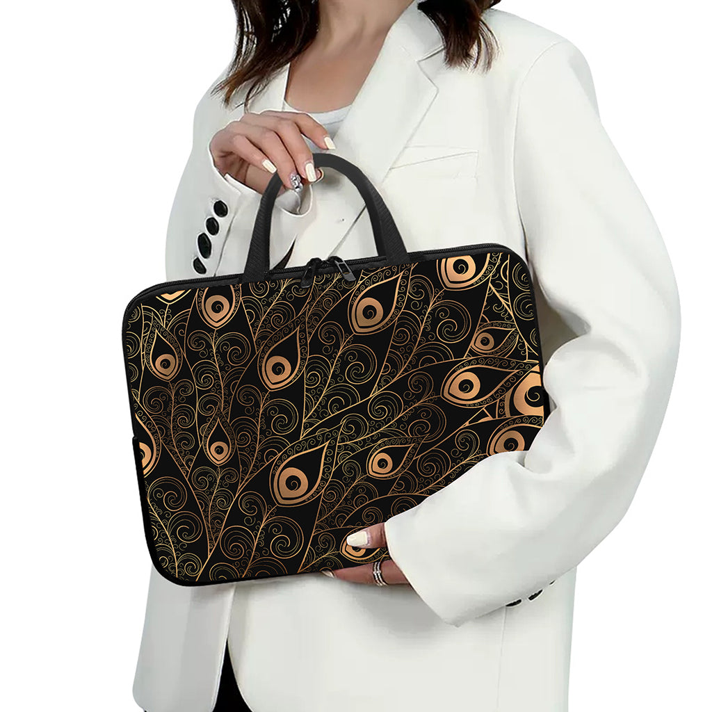 Black And Gold Peacock Feather Print Laptop Sleeve With Handle