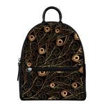 Black And Gold Peacock Feather Print Leather Backpack