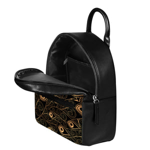 Black And Gold Peacock Feather Print Leather Backpack