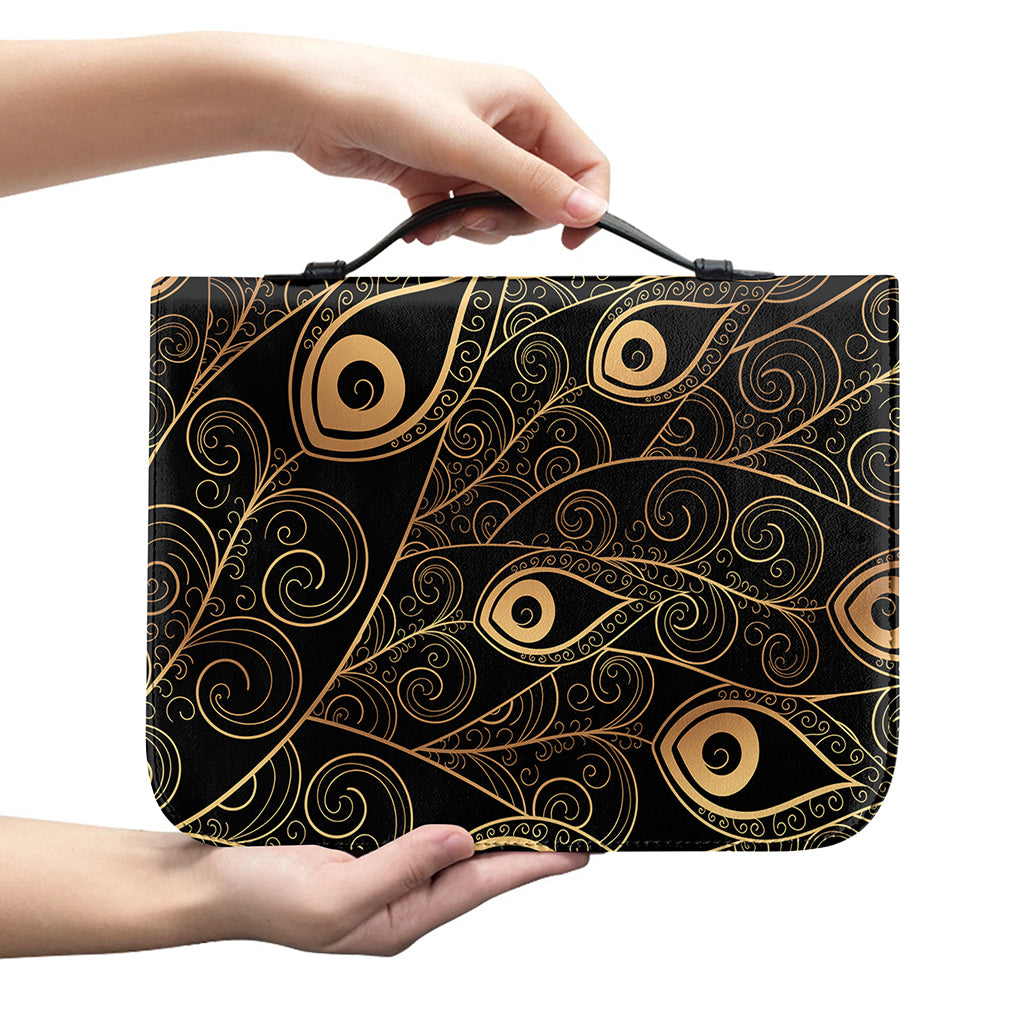 Black And Gold Peacock Feather Print Leather Bible Cover